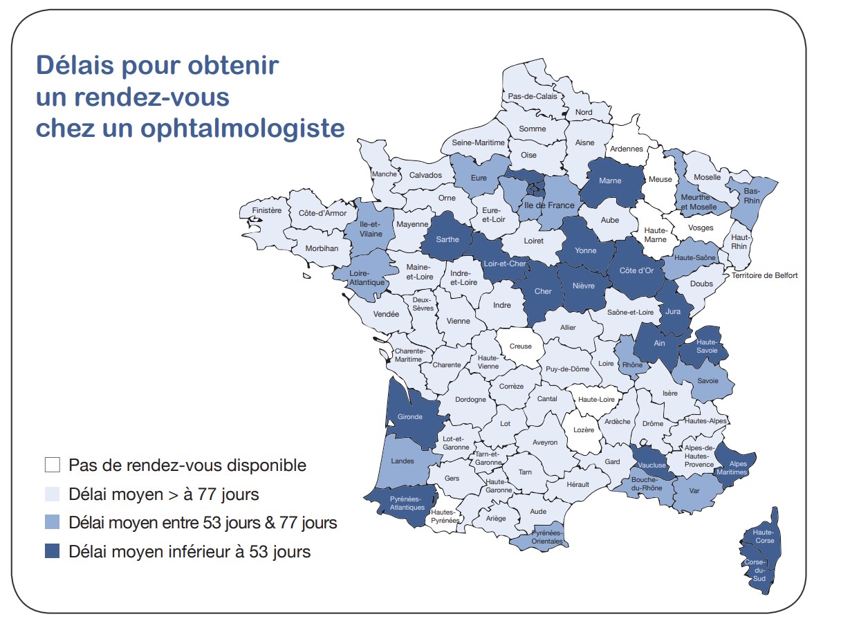 Ordoptic I Carte de France des délais moyens pour un rendez-vous chez un ophtalmologistes
