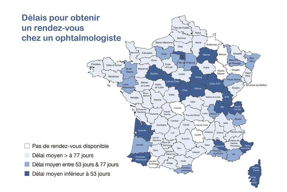 Ordoptic I Carte de France délais moyen pour un RDV chez un ophtalmologiste